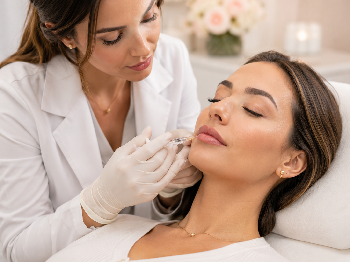 Hyaluronic acid lip filler products and injection setup at a Brickell, Miami med spa
